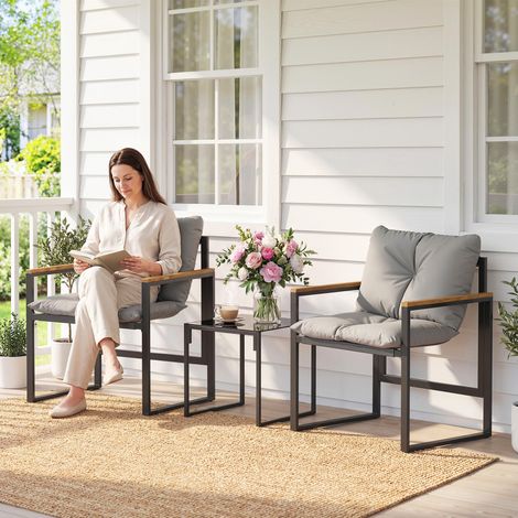 Ensemble table et chaises de jardin en métal pour 3 personnes avec coussins épais. Multicolore.