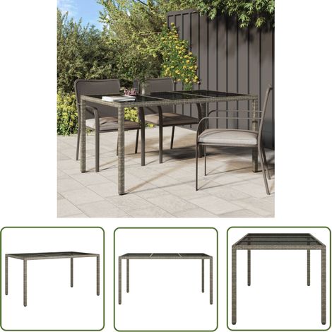 The Living Store Table de jardin 150x90x75 cm Verre trempé et poly rotin Gris - Table De Jardin - Table Extérieure - Mobilier De Jardin - Table En Résine Tressée - Table Avec Verre Trempé (1/6)
