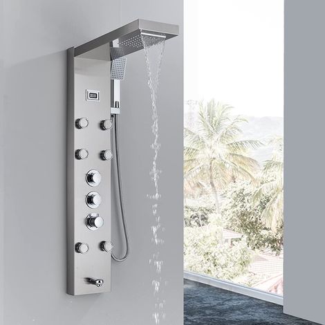 Suguword – Colonne de douche hydromassante thermostatique en acier inoxydable 304 – 5 jets réglables – Hauteur 110cm – Longueur tuyau 150cm