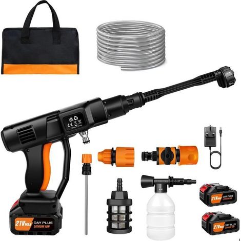 6 en 1 Limpiador de Alta Presión Inalámbrico, 21V 45 Bar/652 PSI Limpiador de Alta Presión Portátil con 2PCS Batería de 3Ah y boquilla ajustable