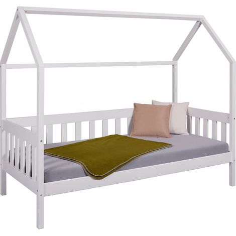 SARRY - Lit Cabane 90x200cm avec Barrières en Pin Massif Blanc (1/5)