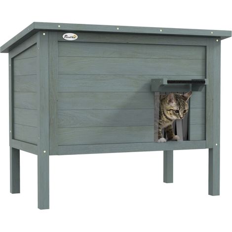 Niche extérieure surélevée en bois pour chat, maison isolée avec toit ouvrable, 85 x 50 x 68,5 cm, gris foncé et noir, abri jardin résistant pour animaux. (1/5)