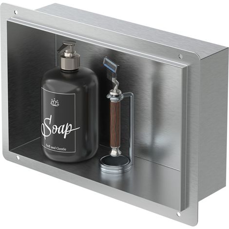 LuxeBath Nicho de Ducha de Acero Inoxidable 20x30x10cm cm Plata Marco de Pared sin Borde Empotrado Estante Integrado Instalación Flexible para Almacenamiento Organizador de Utensilios para Baño