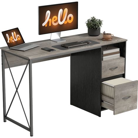 Bureau d'ordinateur 120 x 50 cm, style industriel, avec compartiment et 2 tiroirs, gris clair. (1/5)