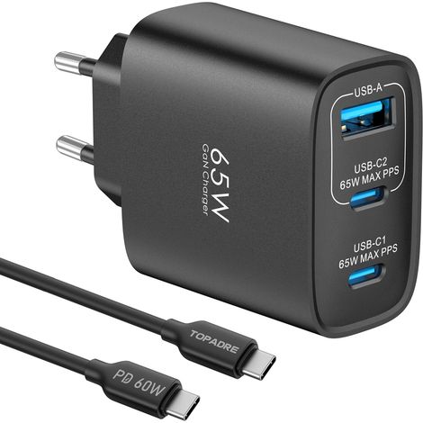 Chargeur USB C 65W, 3-Ports Prise USB C Rapide PD3.0 avec 60W Câble (1/5)