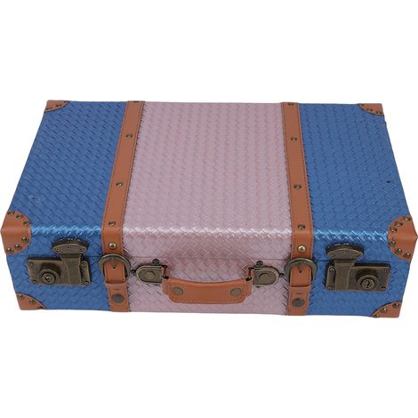Valise Décorative Vintage Motif Tissé Bleu Rose PU Bois Composé L Boîte de Rangement Élégante pour Maison Photo (1/5)