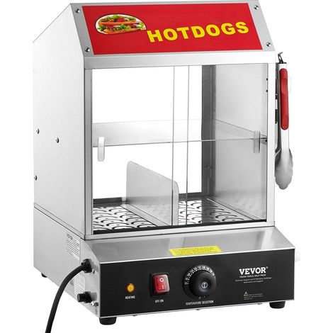 Cuiseur vapeur à hot-dogs électrique 27 L, 2 niveaux, chauffe-pains, thermostat 30-85 °C, portes vitrées coulissantes, cloison, pince, acier inoxydable (1/5)