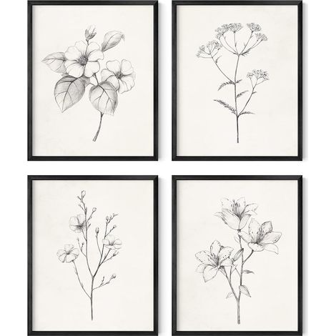 Ensemble de 4 affiches murales florales grises, style vintage, avec des motifs botaniques et des illustrations en noir et blanc (1/4)