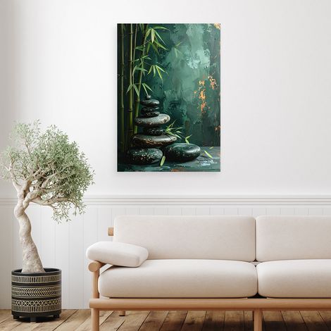 Wandbild Zen Spa Steine Bambusblätter in Grün 60x90 (1/4)