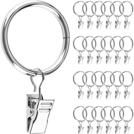 25 anneaux de rideaux métalliques avec pinces, diamètre intérieur de 32 mm, pour tringles, fenêtres, portes, rideaux de douche, cordes à linge (argenté) (1/5)