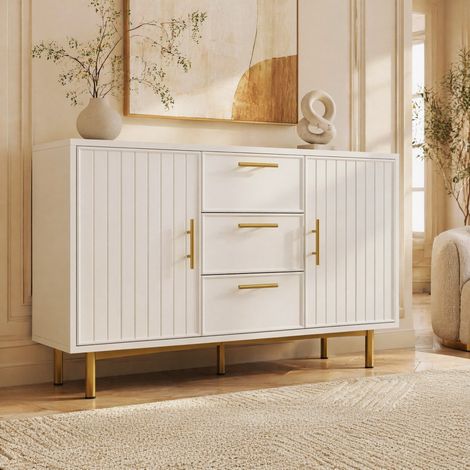 Commode blanche 2 portes et 3 tiroirs, étagère réglable, 120 x 75 x 40 cm DESVIAE (1/5)