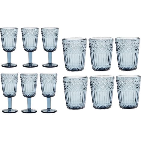 Set 12 Bicchieri e Calici Imperial blu in Pasta di Vetro blue Antico con Lavorazione a Rilievo 30cl Servizio Tavola Vintage Alta Resistenza per Acqua Vino e Cocktail eleganza eparticolarità in tavola (1/5)