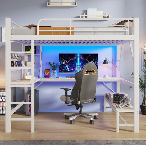 Cama alta 160/200 cm blanca con escritorio, LED, puertos USB y Type-C (1/5)