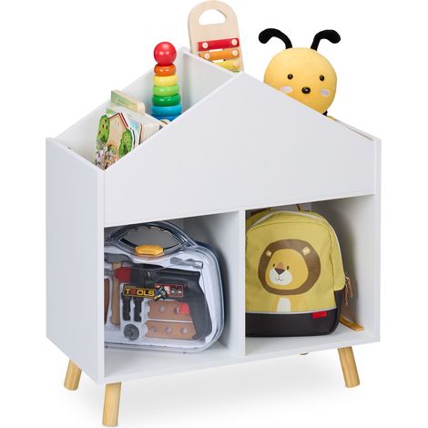 Scaffale per bambini Relaxdays a forma di casetta, H x L x P: 64,5 x 60 x 30 cm, 6 scomparti, bianco/naturale