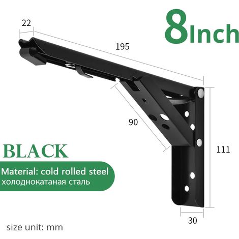 (Noir 20 cm - Pologne) 2 supports d'étagère triangulaires pliables en acier inoxydable, réglables, à fixer au mur, pour banc ou table. (1/5)