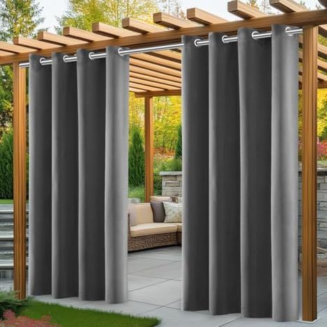 Outdoor Vorhang Wetterfest, 2er Stück Set Outdoor Vorhänge Wasserdicht mit Ösen Oben, Sonnenschutz Sichtschutz outdoorvorhänge für GardinenTerrasse Balkon Pavillon Pergola(132 215cm, Grau) (1/5)