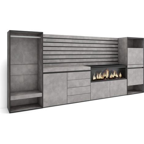 Buffet, Bahut, Meuble de Rangement, 334x145x35cm, Chambre à Coucher, Cheminée électrique XXL, Commode, Meuble à Chaussures, Vestiaire Ouvert, Style Moderne, Ciment (1/5)