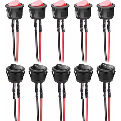 10 pièces 6A/250V 10A/125VAC interrupteur à bascule rond précâblé 2 broches interrupteur à bascule marche/arrêt pour voiture, camion (noir + rouge) (1/5)