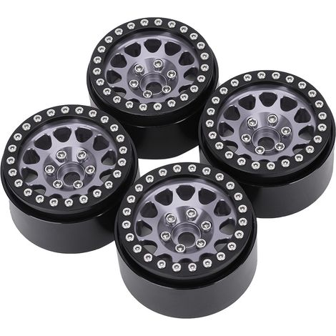 4 Pièces Jantes Métalliques 1:10 pour Voiture RC Crawler, Pneus Compatibles Axial SCX10/SCX10II/90046/90047 - Noir et Argent (1/5)