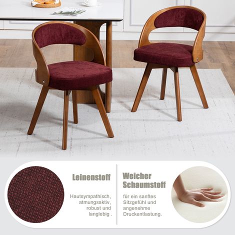 Ensemble de 2 chaises salle à manger modernes en bois, assise pivotante, coussins lin/coton, dossier incurvé, pour cuisine & café (rouge vin) (1/4)