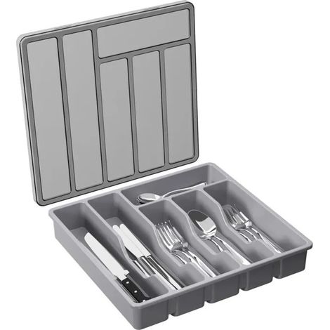 Boîte de rangement pour couverts avec couvercle, plateau à couverts, pour tiroir et plan de travail, 6 compartiments, grise (1/4)