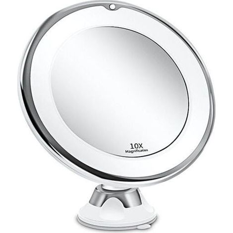 Miroir grossissant 10 x lumineux LED avec forte ventouse, batterie, miroir maquillage avec lumière naturelle dimmable pour les salles de bain - blanc (1/4)