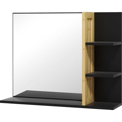 Miroir mural de salle de bain avec étagères de rangement - 3 étagères latérales + 1 étagère inférieure - bois de bambou (1/5)