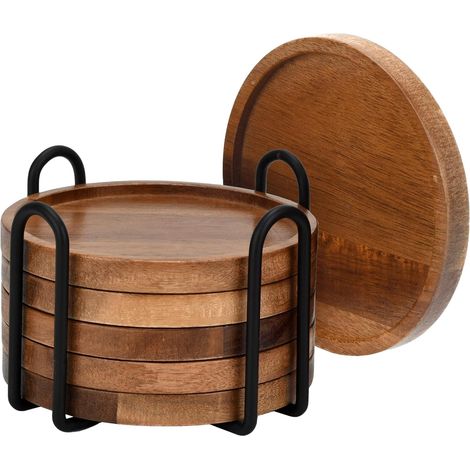 Set di 6 sottobicchieri rotondi in legno di acacia da 10 cm con supporto in ferro, perfetti per decorare bar e caffè. (1/5)