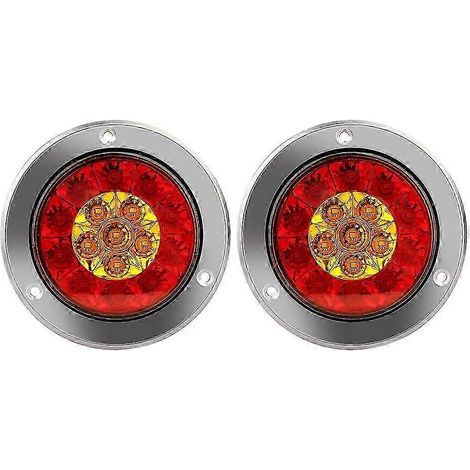 Lot de 2 feux arrière ronds de 10 cm (4 pouces) pour camions et remorques, étanches, à 16 LED rouges/ambre et clignotants (12-2). (1/5)