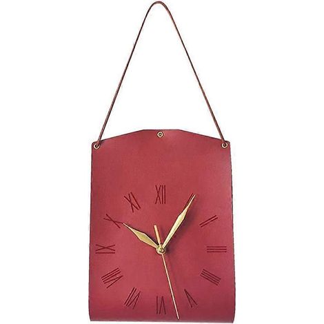 Eine einzigartige, schultertaschenförmige Wanduhr aus dezentem, braunem Leder, ideal zur Dekoration eines Mädchenzimmers. Dekoratives Accessoire A (1/5)