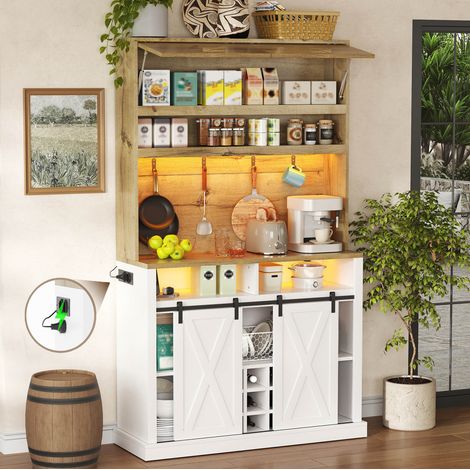 Mueble de cocina alto (110x40x191 cm), con LED RGB, estantes abiertos, ganchos, vitrina, MDF, Natural y blanco (1/5)