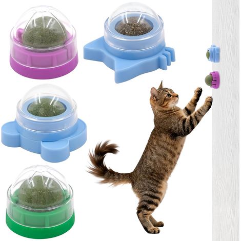 Lot de 4 balles d'herbe à chat - Jouet mural pour chat - Rouleau mural pour lécher les chats - Boule d'herbe à chat rotative - Jouet naturel rotatif pour chat (1/5)