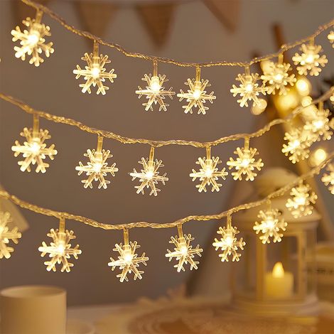Guirlande Lumineuse USB Noël 6m 40 LED - Étoiles & Flocons de Neige, Éclairage Festif Extérieur/Intérieur Résistant aux Intempéries- Blanc Chaud (1/5)