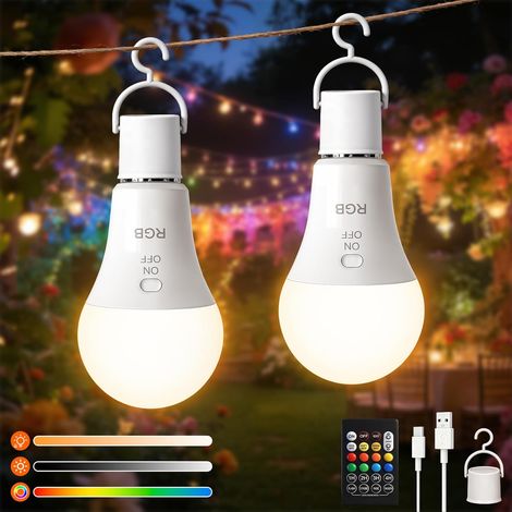 Lot de 2 RGB Ampoules Rechargeables, Contrôle des Boutons Ampoule Sans Fil E27 avec Télécommande, 3 Températures de Couleur, 7W Dimmable, Ampoule LED Rechargeable USB avec Minuterie (1/5)