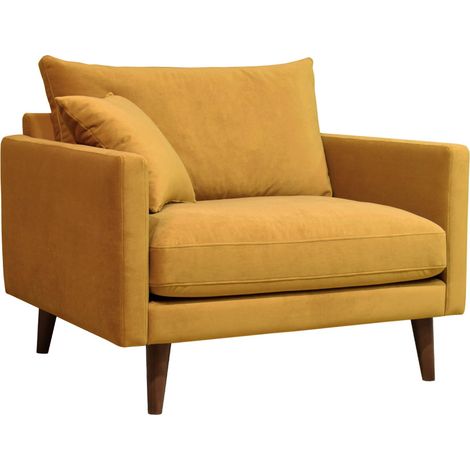 Fauteuil XL en velours pieds bois foncé - Jaune moutarde - VILLABON (1/5)