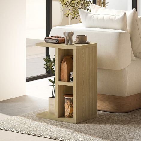 Table d'appoint 3 niveaux en forme de C avec 2 compartiments ouverts, 40 x 29,8 x 60 cm, chêne