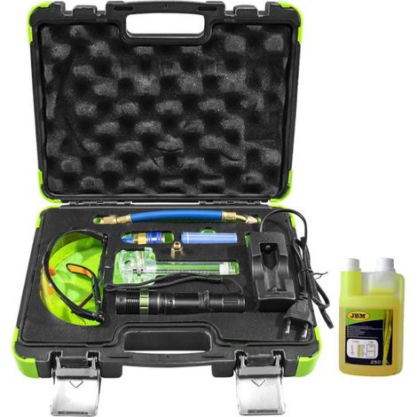 JBM – Kit de détection de fuite UV pour climatisation – Liquide fluorescent 250 mL – Lampe UV et accessoires inclus – Détection rapide des fuites