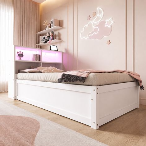 Schlafsofa 220.5x98x82 cm, mit Multifunktionssteckdose, 4 Staufächern, LED Lichtleiste, Massivholz, Weiß (1/5)