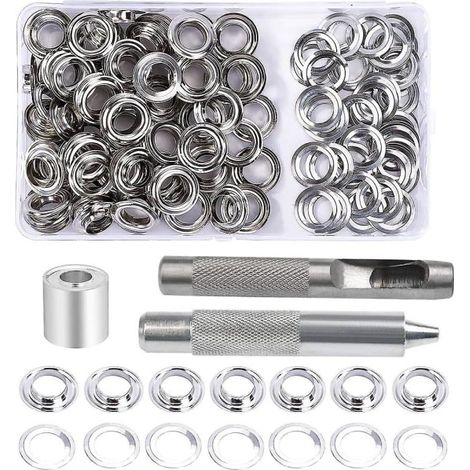 Kit 100 œillets 10mm avec 3 outils, réparation bâche, fixation pour toile, tissu, rideaux, œillets métalliques à pose facile. (1/5)
