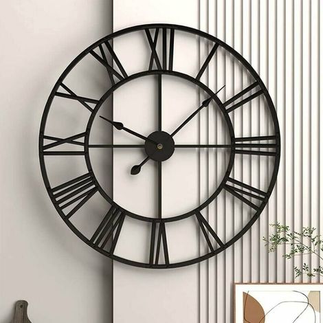 Große Wanduhr, schwarze Wanduhr mit großen römischen Ziffern, geräuschlose Wanduhr, 40 cm Vintage-Wanduhr, schwarze Metallwanduhr, für Wohnzimmer, Schlafzimmer und Küche (1/5)