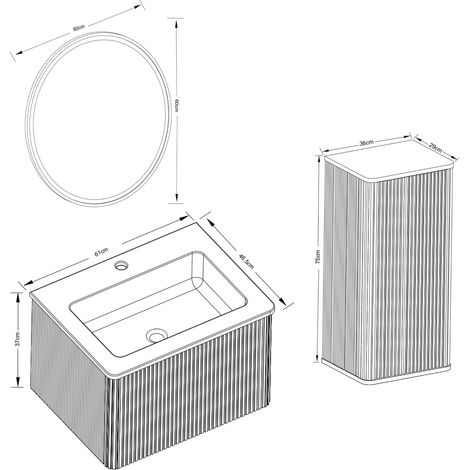 Ensemble meuble de salle de bain suspendu 60 cm avec vasque en pierre reconstituée, miroir rond LED réglable et armoire latérale blanche (1/5)