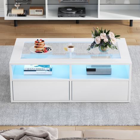 Table basse lumineuse 100x50x35 cm, table d'appoint 2 tiroirs avec LED, meuble de salon en verre blanc, double plateau avec rangement ouvert, table de nuit polyvalente (1/5)