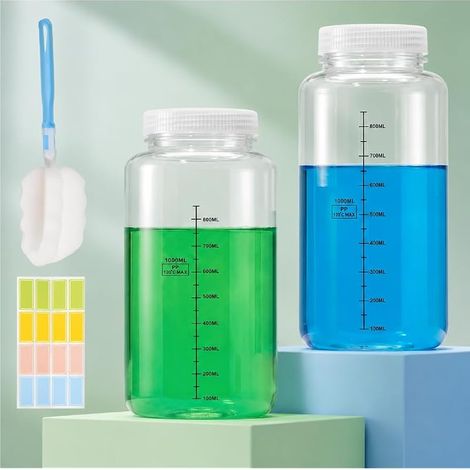 Lot de 2 1000ml Flacons à Col Large en PP, Flacons de Laboratoire Gradués, Récipients Transparents pour Liquides, Flacons Chimiques avec Bouchon à Vis+ 1 Brosse Bleue + 16 étiquettes Colorées (1/5)