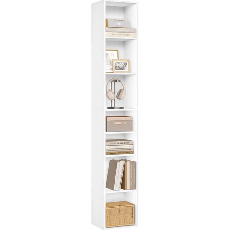 Bibliothèque à Livres, Étagère de Rangement à 7 Niveaux 30x26x178,5cm, Design Colonne avec Compartiments Ouverts, pour Bureau/Salon/Chambre, Blanc (1/5)