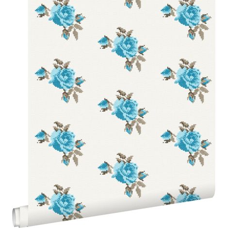 papier peint broderie de petites roses turquoise - ESTAhome (1/4)