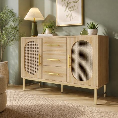 Credenza in rattan con 3 cassetti e 2 ante in rattan, utilizzabile come comò o mobile da bagno, per camera da letto e soggiorno, con ripiani regolabili e dispositivo antiribaltamento. Dimensioni: 120 