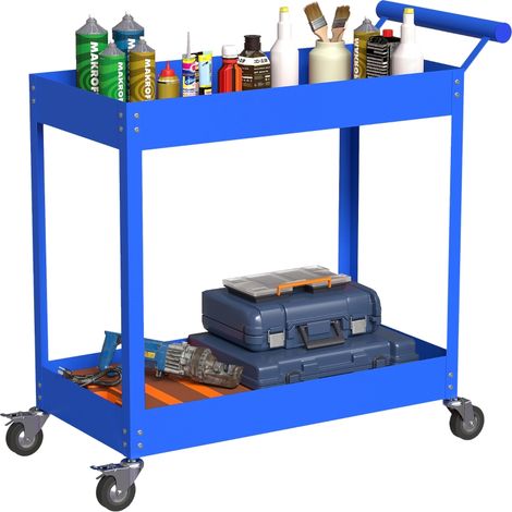 Chariot d'atelier servante atelier à 2 niveaux, poignée latérale et roulettes verrouillables, 84,5x38x84cm, bleu