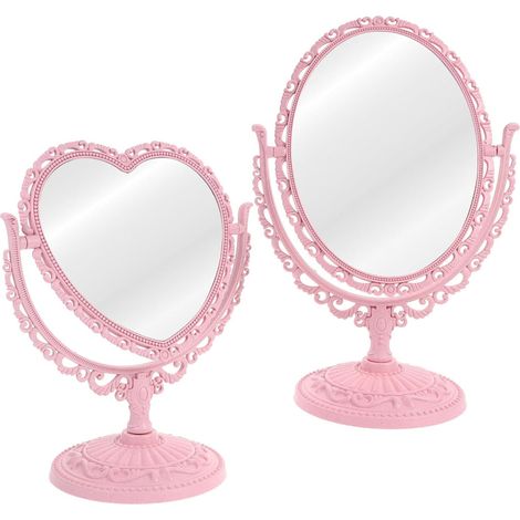 Miroir de maquillage double face en forme de cœur (Lot 2) avec rotation à 360°, forme cœur rose et elliptique, pour les dortoirs et la maison (1/5)