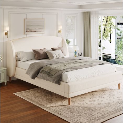 Cama 140x190 cm en tejido bouclé blanco, cabecero con orejas, somier de láminas incluido