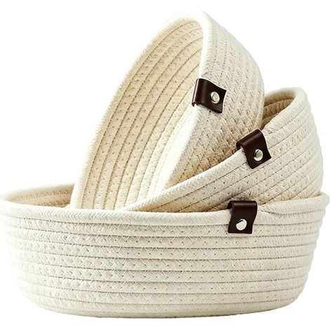 Lot de 3 paniers de rangement tressés en coton, 3 tailles, paniers empilables multifonctionnels pour organiser la salle de bain, les jouets, les livres, le salon (blanc) (1/5)